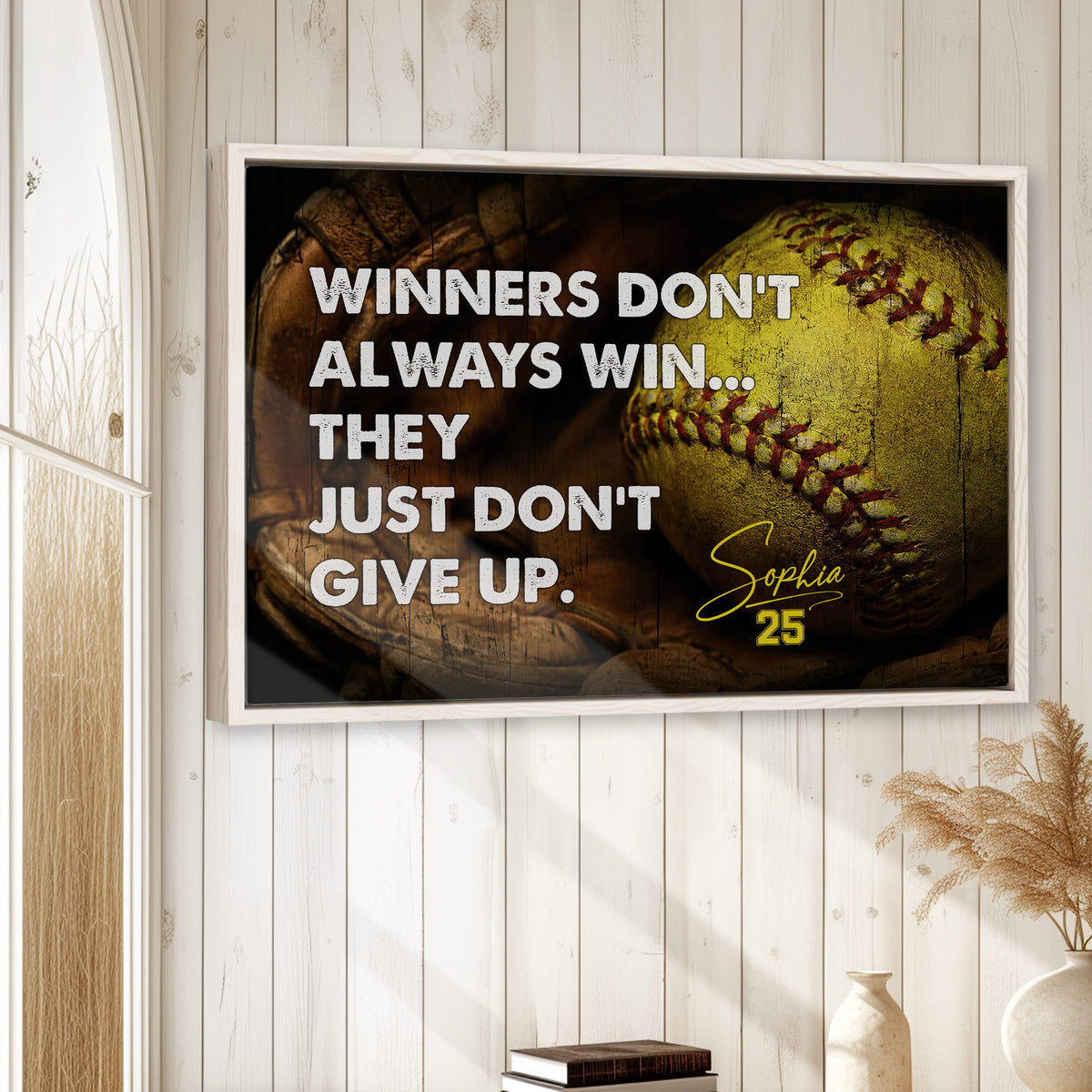 Softball wall art displayed in a bright room with white wood paneling and neutral home decor