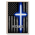 Framed police wall art featuring a blue line flag design with stars, stripes, and a white cross