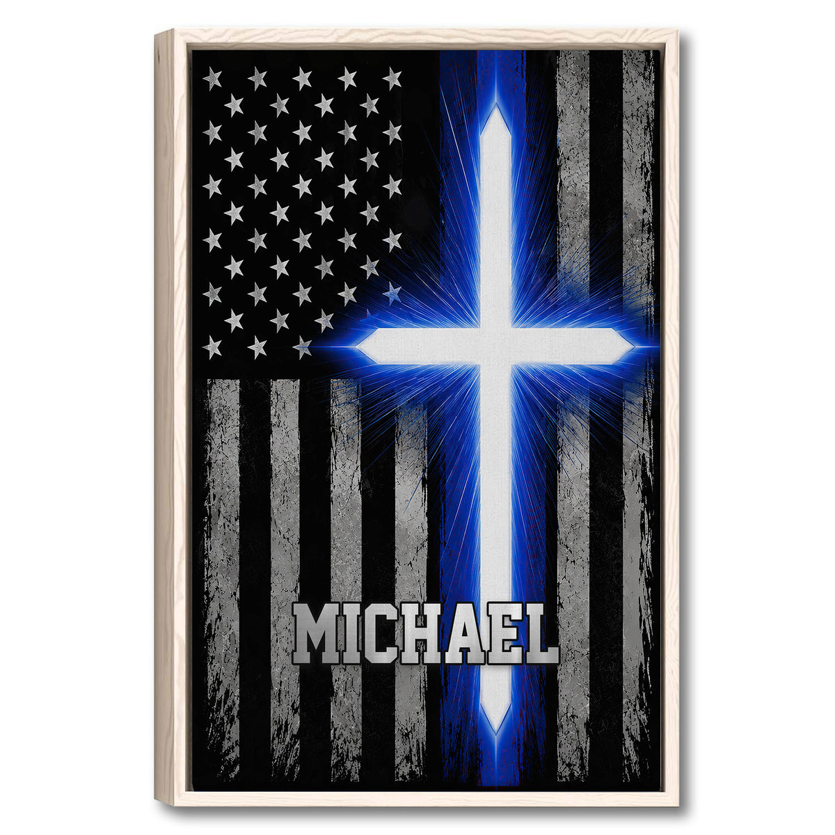 Framed police wall art featuring a blue line flag design with stars, stripes, and a white cross