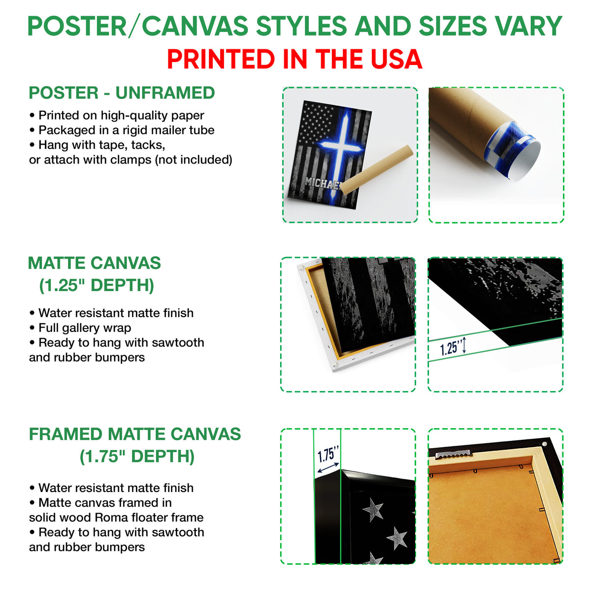 Poster and canvas wall art options guide showing unframed poster, matte canvas, and framed canvas formats