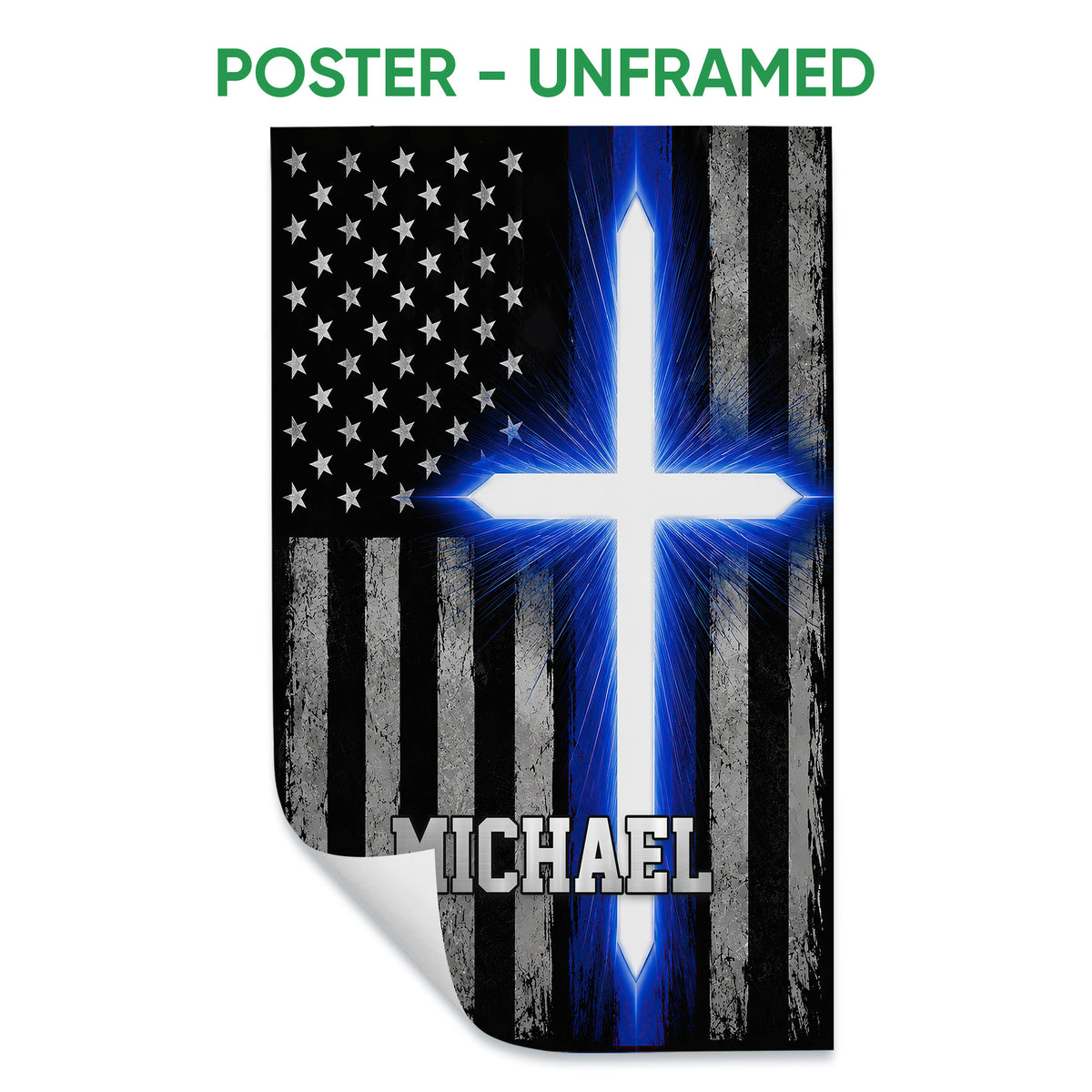 Unframed police poster featuring a black and gray flag design with a glowing blue line and white cross