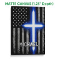 Matte canvas wall art featuring a police blue line flag design with black, gray, blue, and white tones