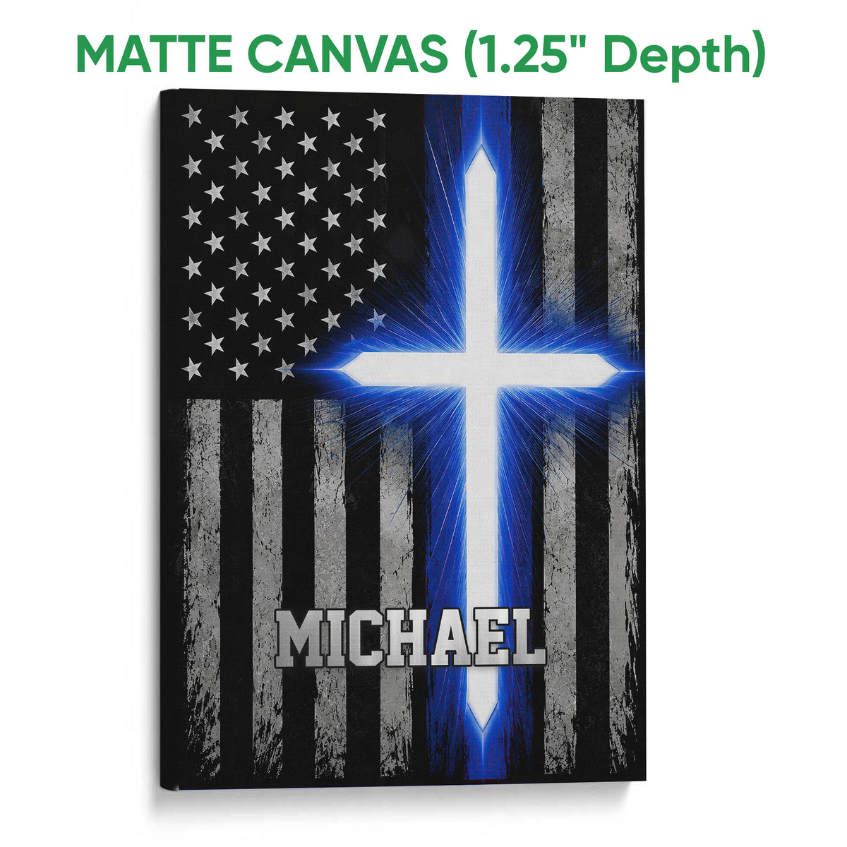 Matte canvas wall art featuring a police blue line flag design with black, gray, blue, and white tones