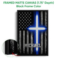 Black framed canvas police wall art with a blue line flag design and close-up of the frame edge