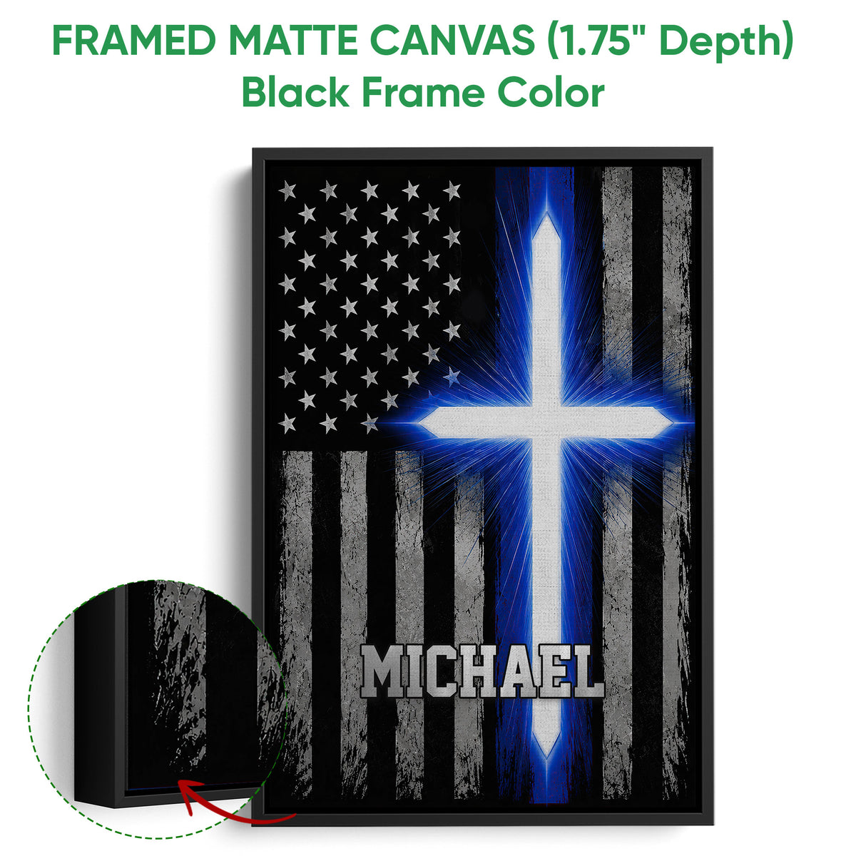 Black framed canvas police wall art with a blue line flag design and close-up of the frame edge