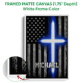 White framed canvas police wall art featuring a blue line flag design and detailed frame edge