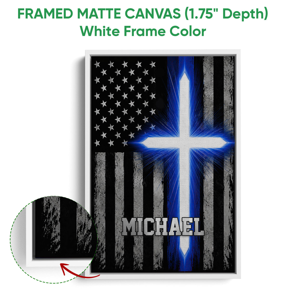 White framed canvas police wall art featuring a blue line flag design and detailed frame edge