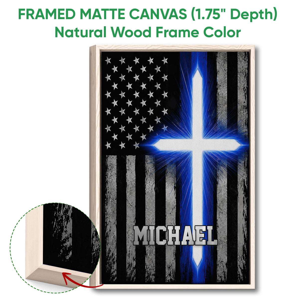 Natural wood framed police wall art featuring a blue line flag design and visible wood frame detail