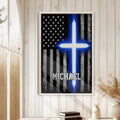 Police blue line flag wall art displayed in a bright home interior with white wood paneling