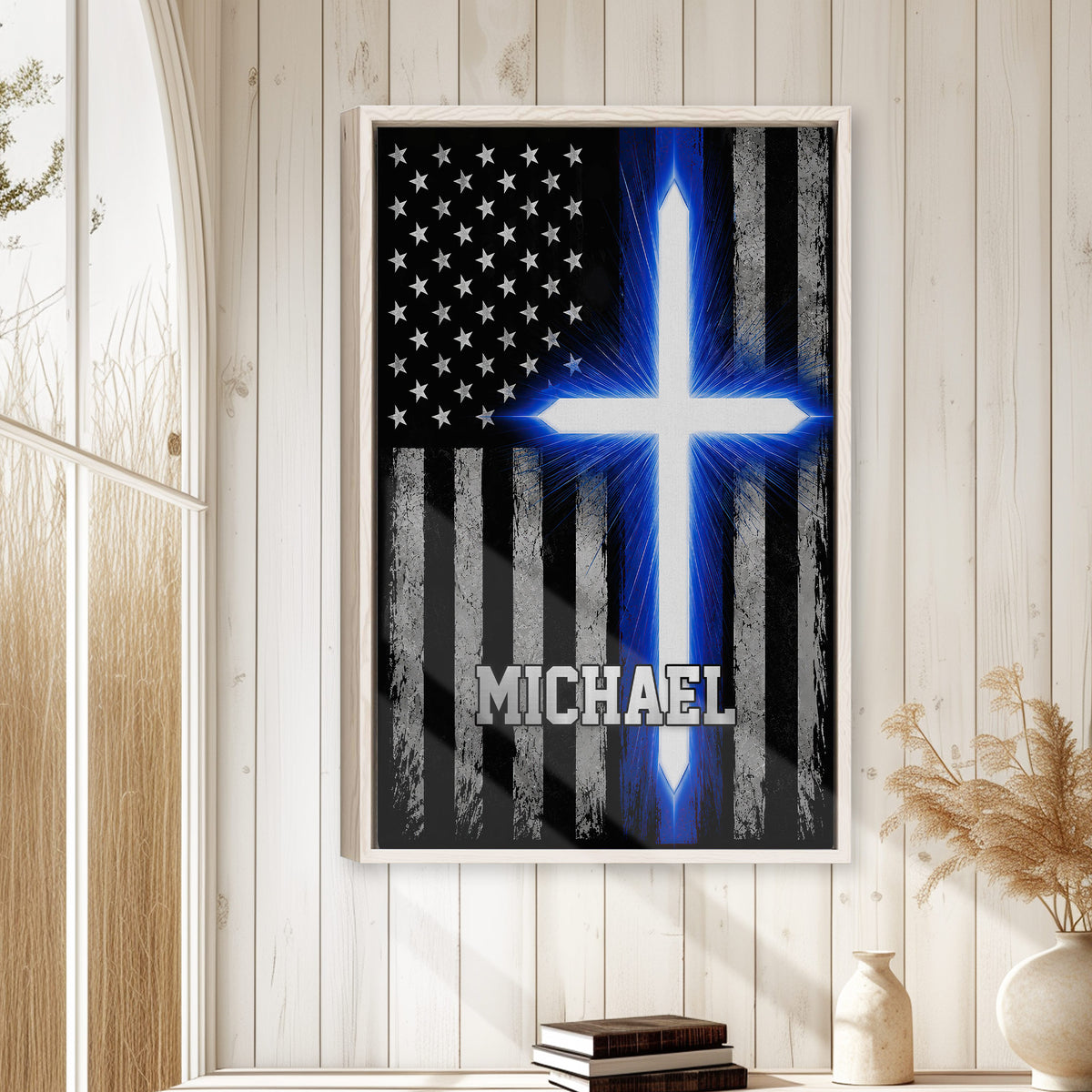 Police blue line flag wall art displayed in a bright home interior with white wood paneling