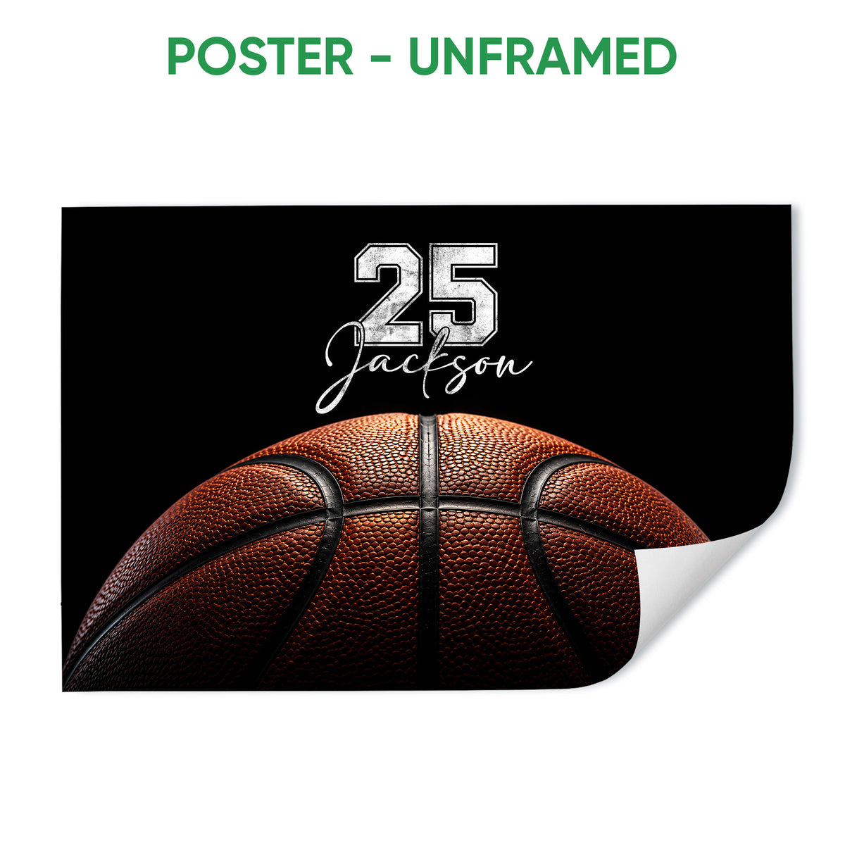 Unframed basketball poster featuring a close-up textured basketball on a black background