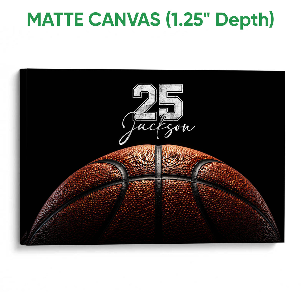 Matte canvas basketball wall art with a gallery-wrapped edge and close-up ball artwork
