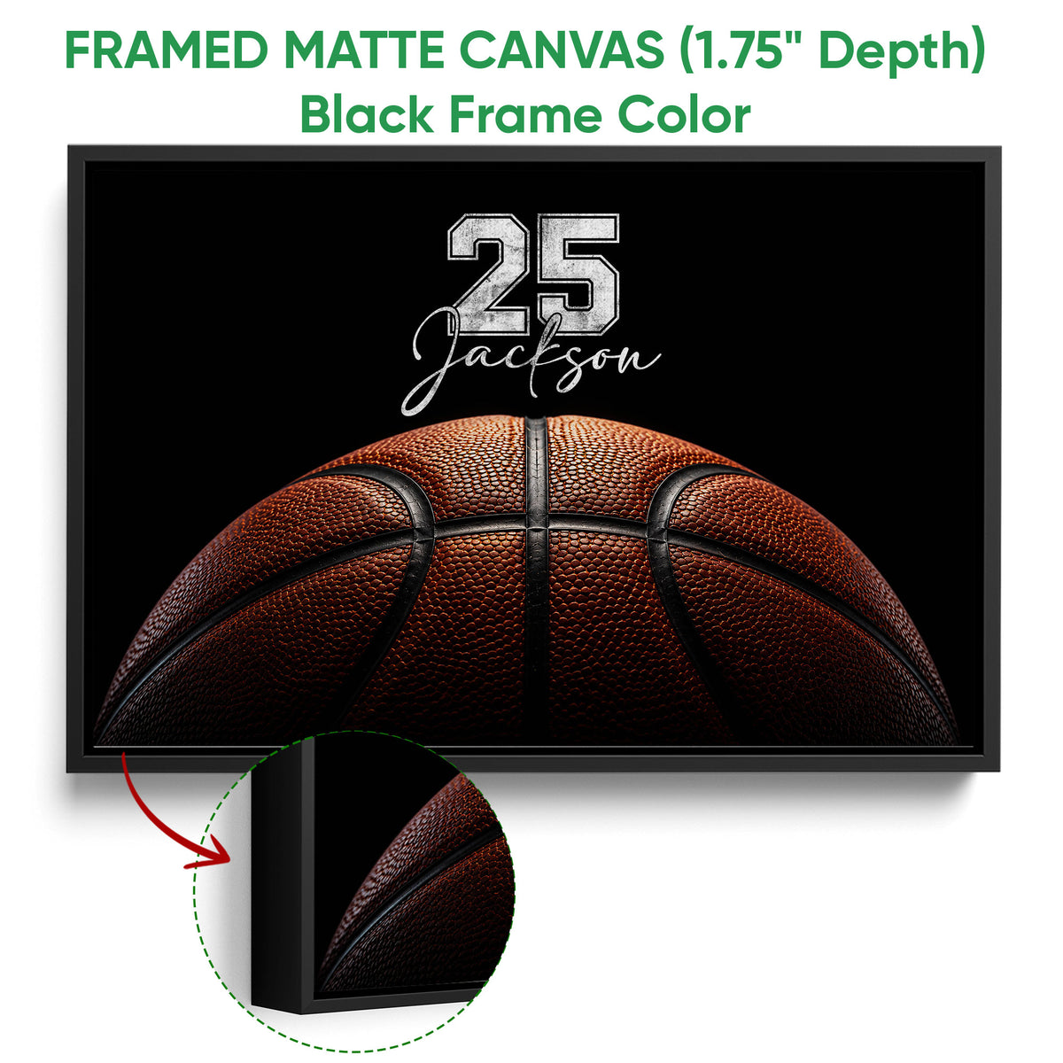 Black framed basketball canvas wall art with a detailed close-up texture feature