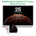 White framed basketball canvas wall art with a detailed close-up texture feature