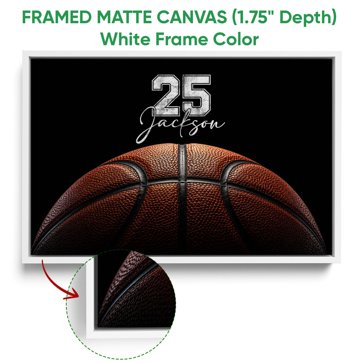 White framed basketball canvas wall art with a detailed close-up texture feature