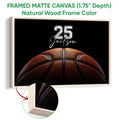 Natural wood framed basketball canvas wall art with visible frame texture and close-up detail