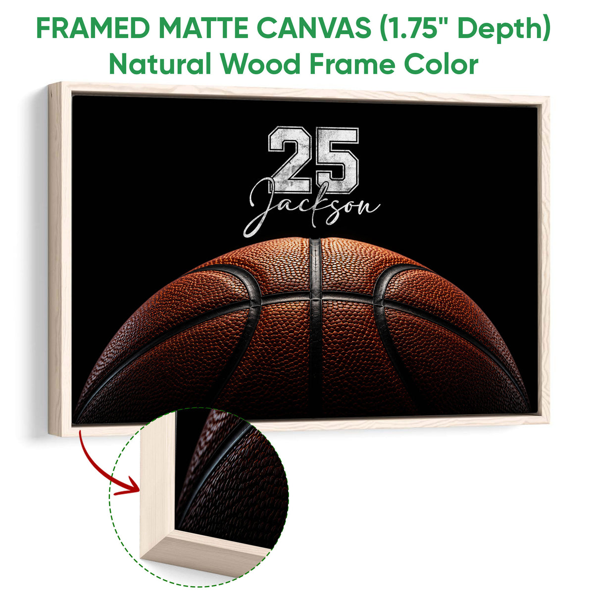 Natural wood framed basketball canvas wall art with visible frame texture and close-up detail