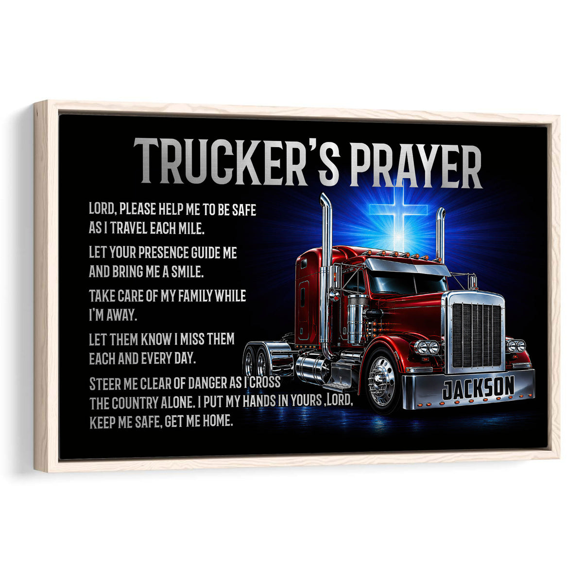 Framed wall art featuring a red semi truck, glowing cross, and faith-inspired prayer design