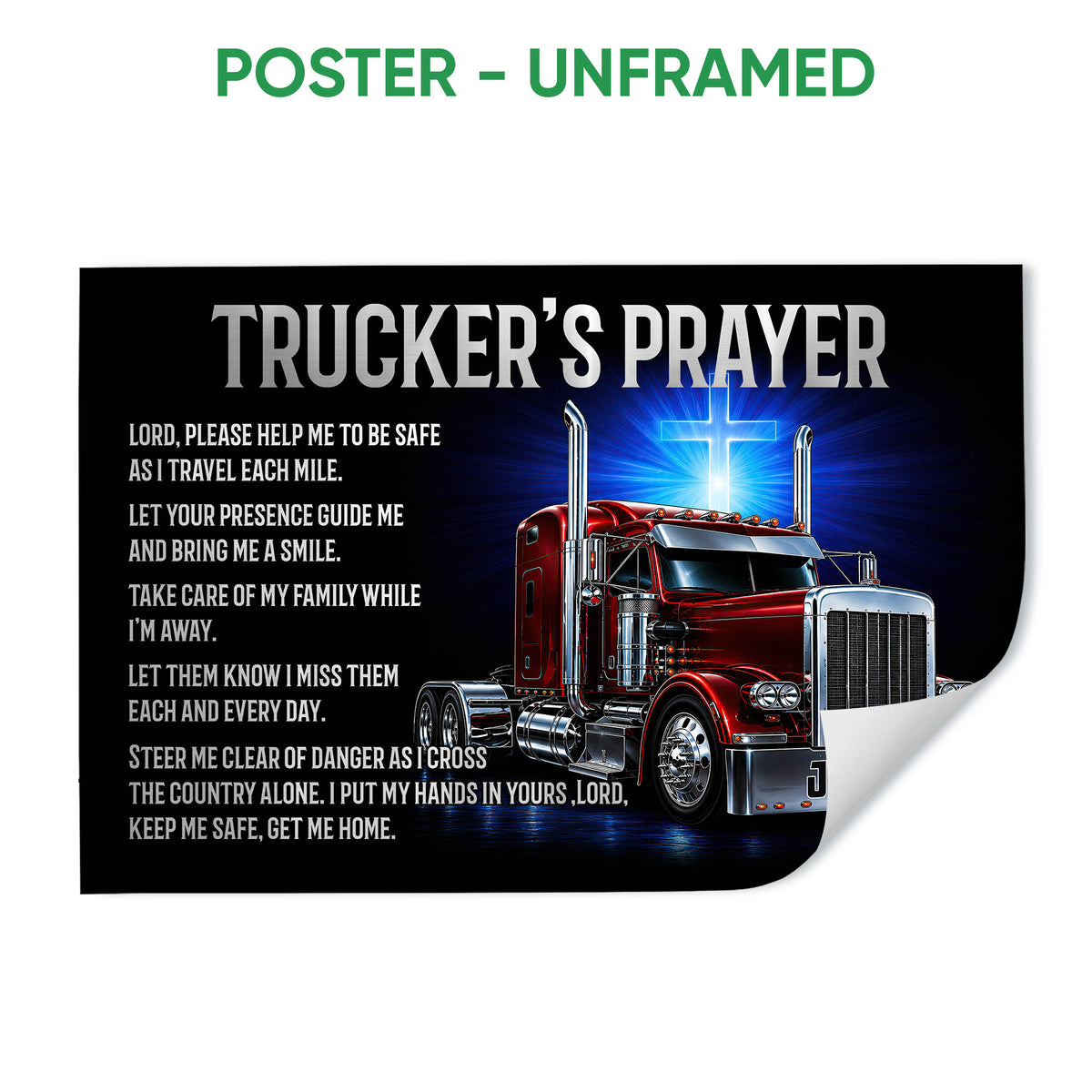 Unframed poster wall art featuring a red semi truck, glowing cross, and faith-inspired prayer artwork