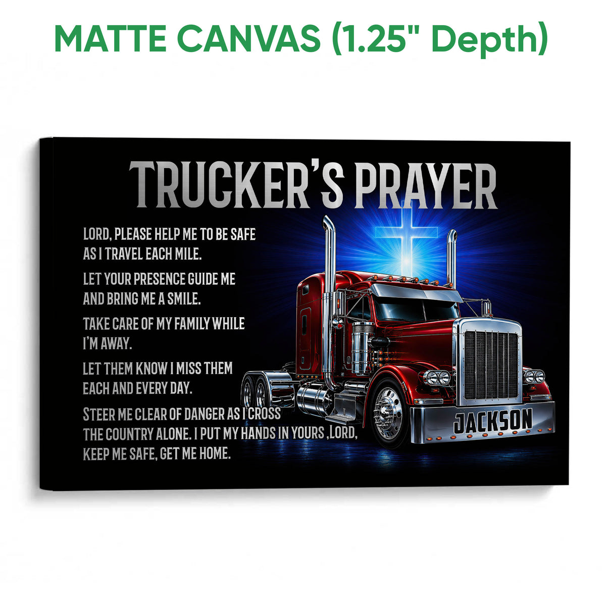 Matte canvas wall art featuring a red semi truck, glowing cross, and detailed prayer artwork