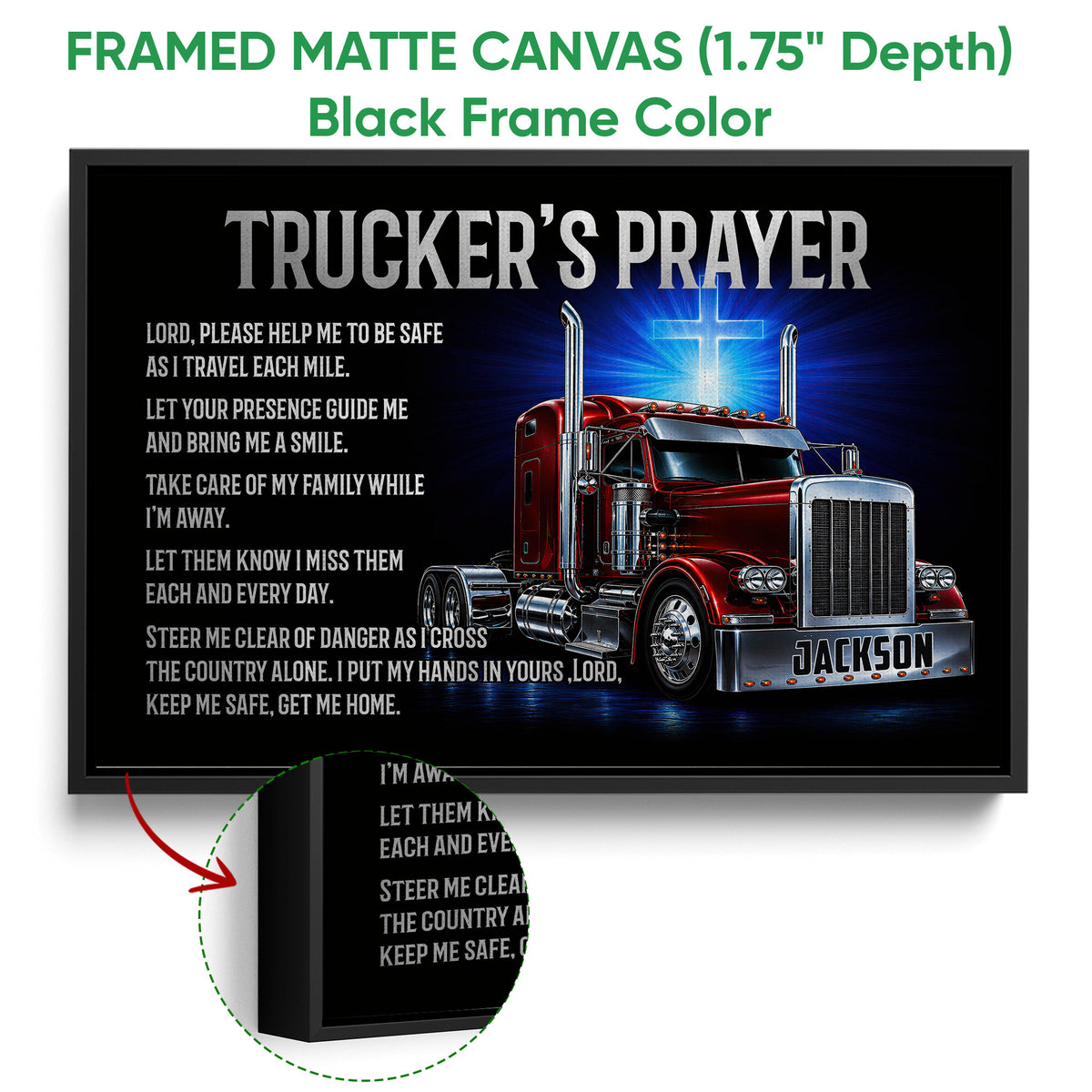 Black framed canvas wall art featuring a red semi truck, glowing cross, and prayer design