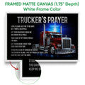 White framed canvas wall art featuring a red semi truck, glowing cross, and faith-inspired message