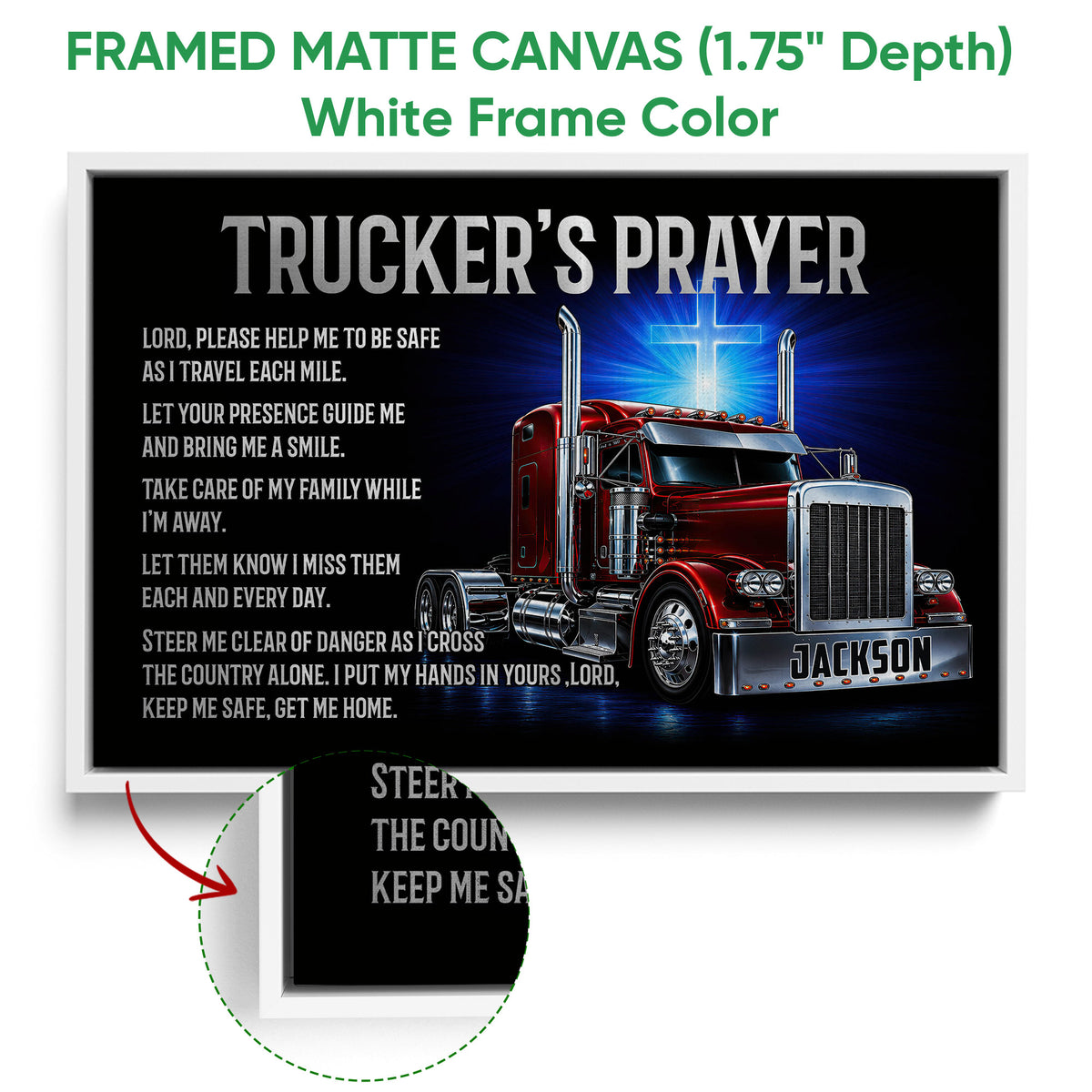 White framed canvas wall art featuring a red semi truck, glowing cross, and faith-inspired message