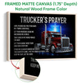 Natural wood framed canvas wall art featuring a red semi truck and glowing cross