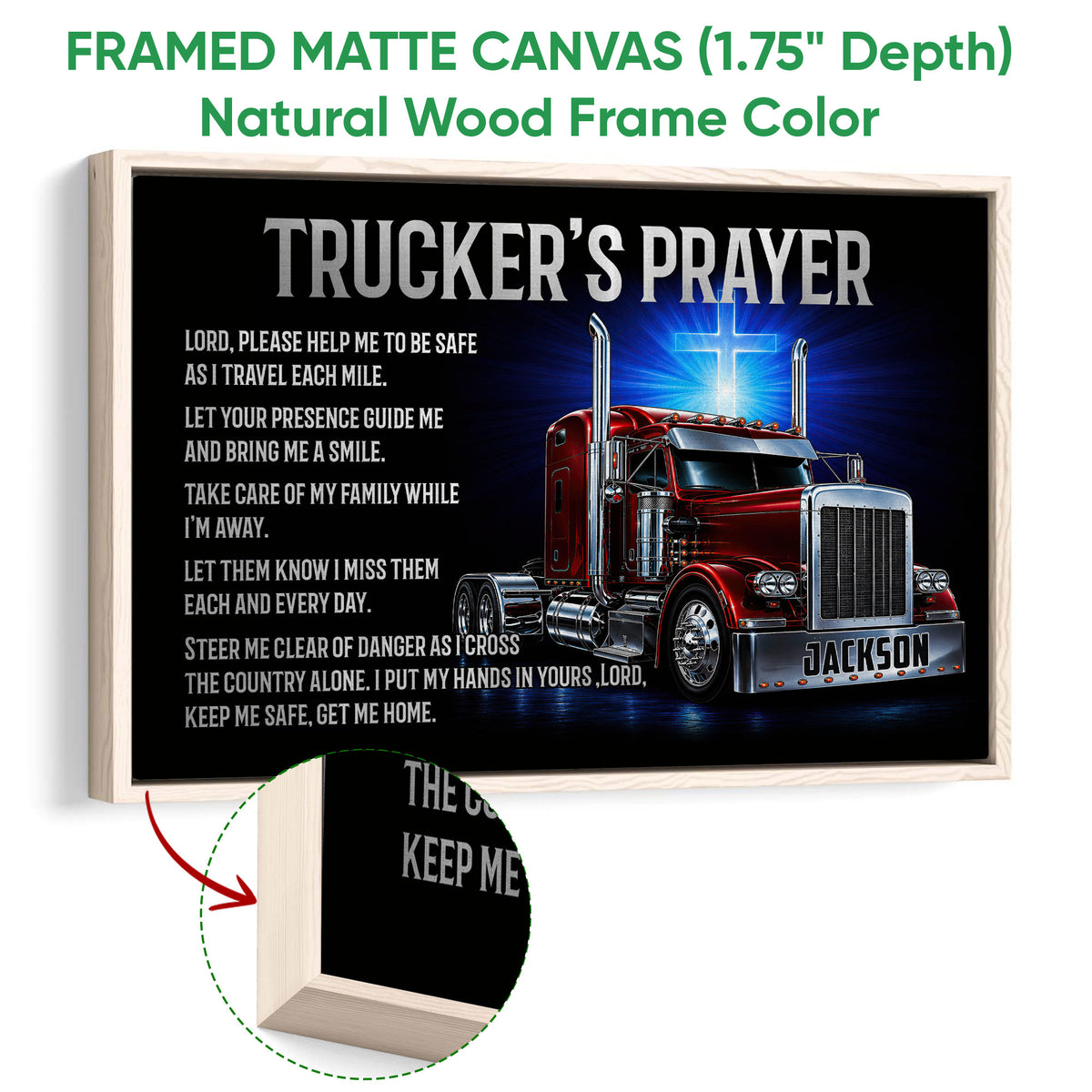 Natural wood framed canvas wall art featuring a red semi truck and glowing cross