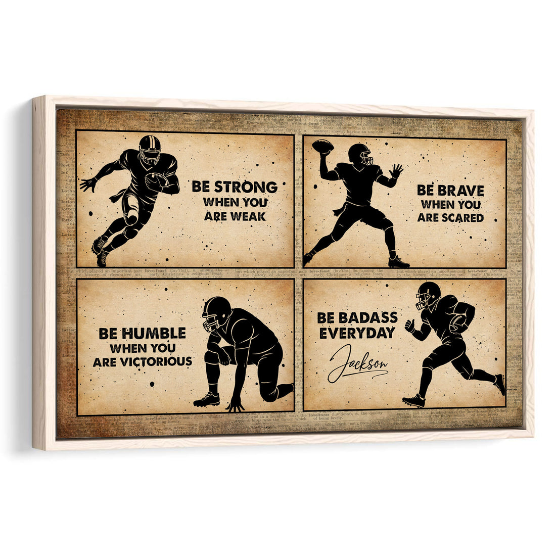Framed football wall art with four vintage-style player illustrations and motivational typography
