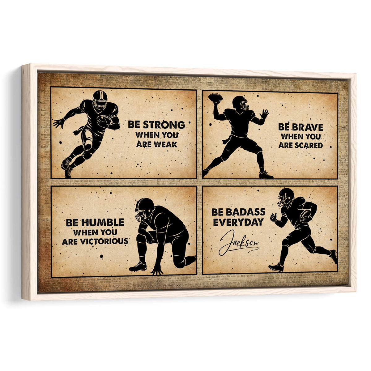 Framed football wall art with four vintage-style player illustrations and motivational typography