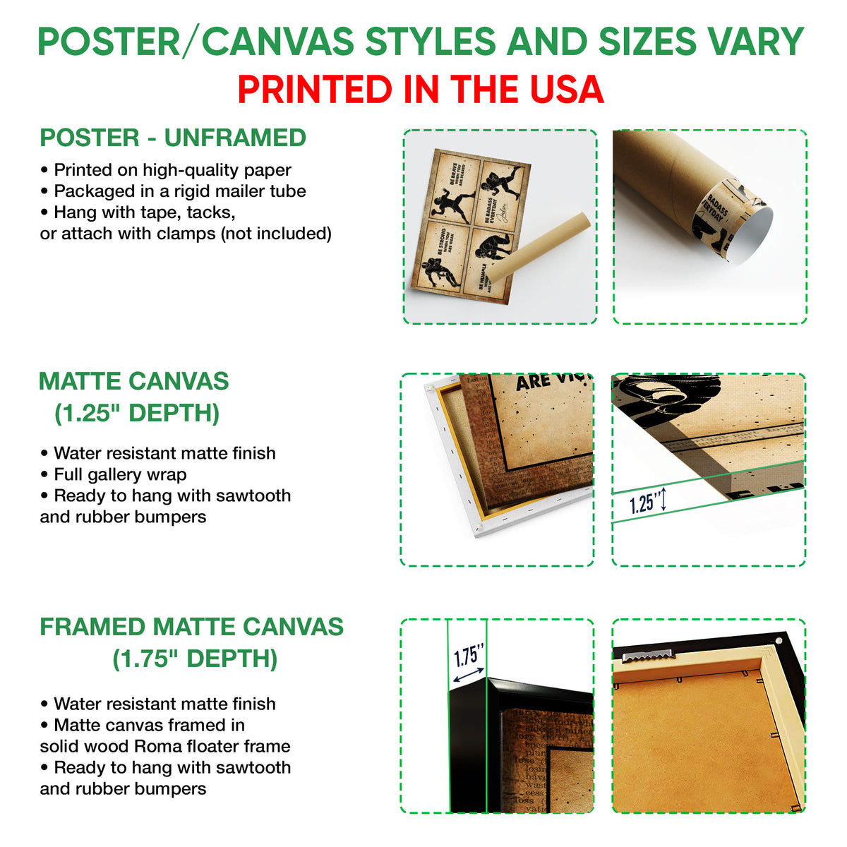 Poster and canvas wall art format guide showing unframed poster, canvas, and framed canvas options