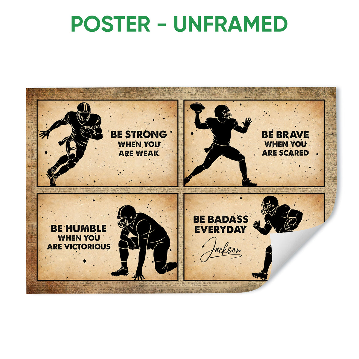 Unframed football poster featuring four vintage player illustrations in a distressed sepia design