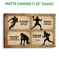 Matte canvas football wall art with four black player silhouettes and distressed vintage styling