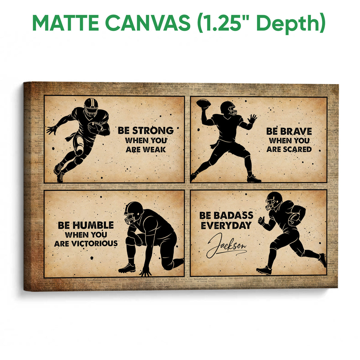 Matte canvas football wall art with four black player silhouettes and distressed vintage styling