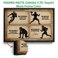 Framed football canvas wall art shown with a black frame and close-up edge detail
