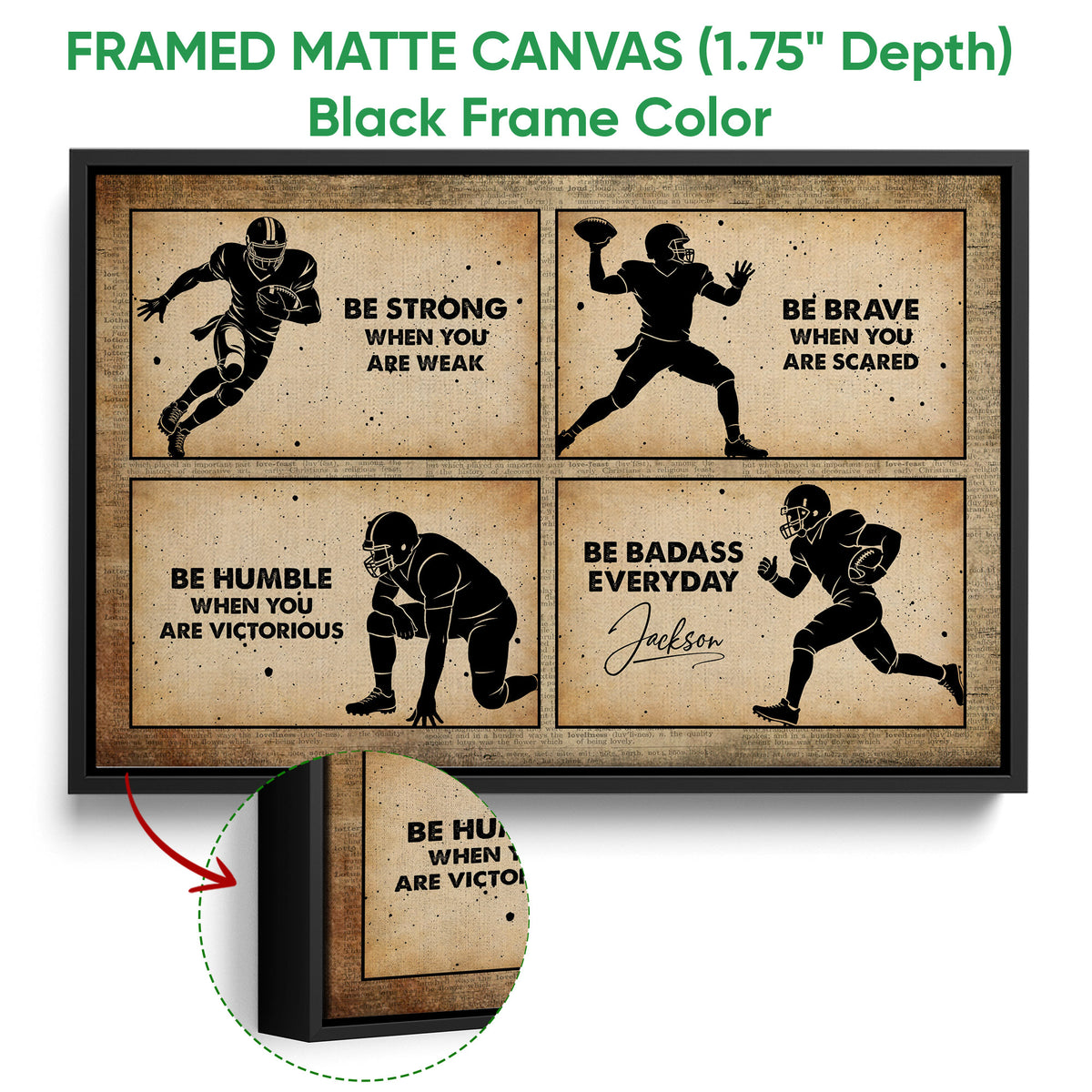 Framed football canvas wall art shown with a black frame and close-up edge detail