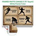 Framed football canvas wall art shown with a white frame and close-up edge detail