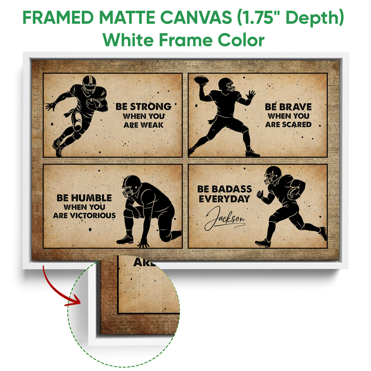 Framed football canvas wall art shown with a white frame and close-up edge detail