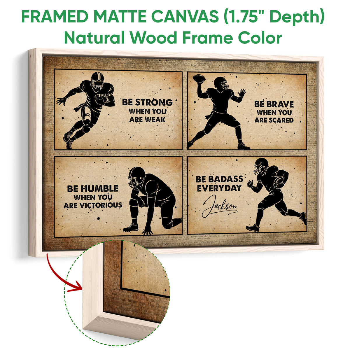 Framed football canvas wall art shown with a natural wood frame and vintage sepia artwork