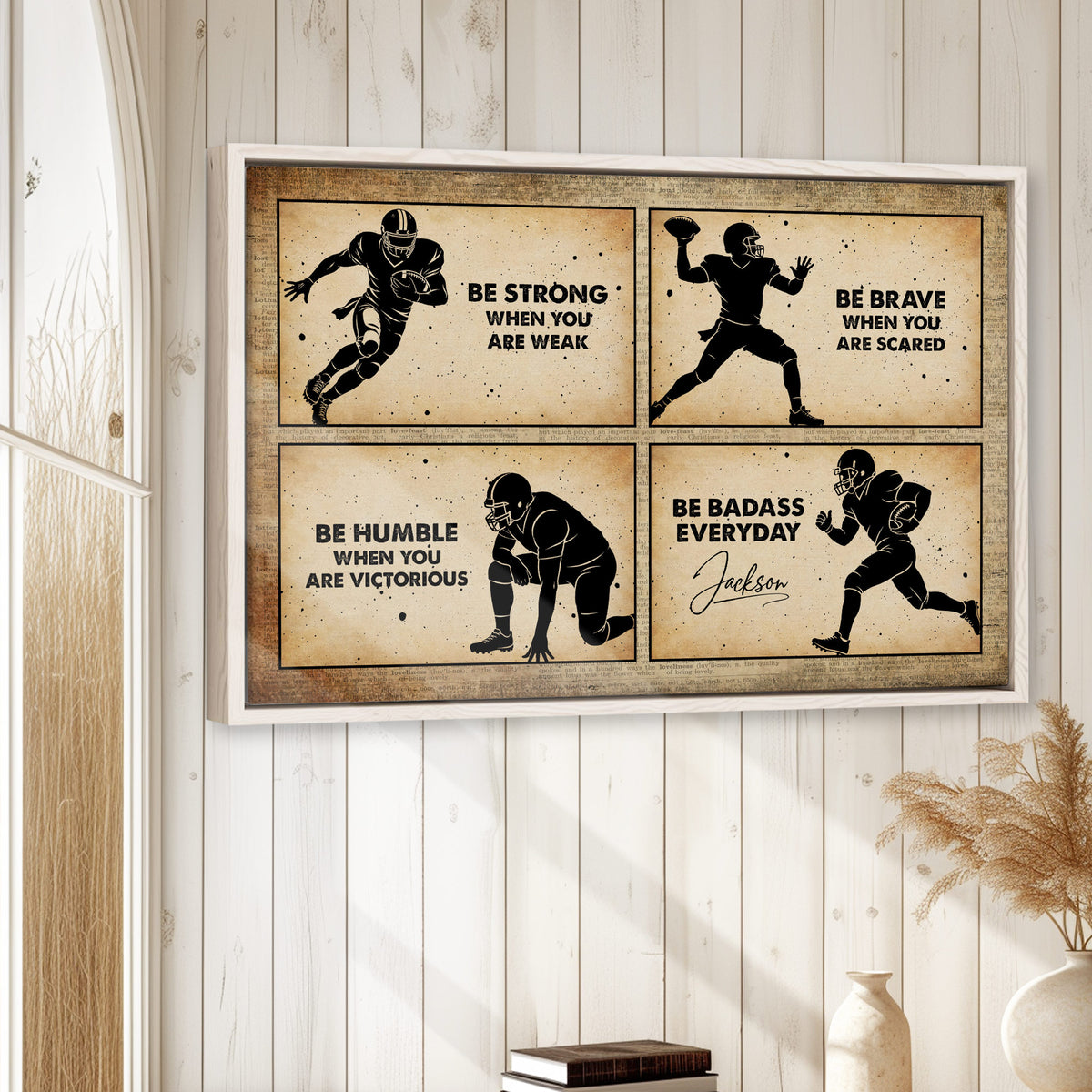 Football wall art displayed in a bright room with white wood walls and natural decor