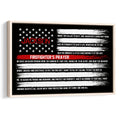 Framed firefighter prayer wall art with distressed American flag styling in black, white, and red