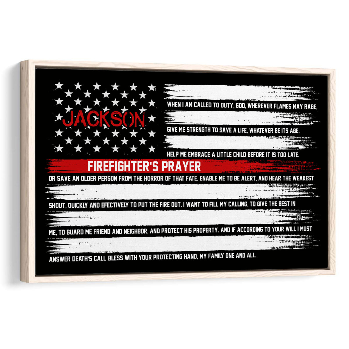 Framed firefighter prayer wall art with distressed American flag styling in black, white, and red