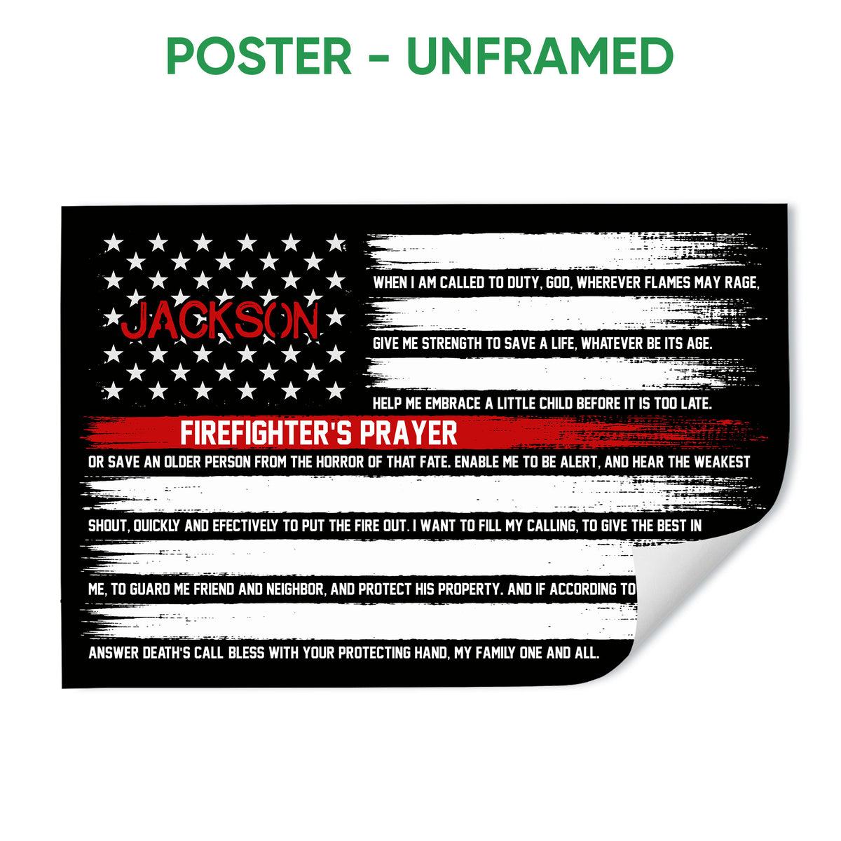 Unframed firefighter prayer poster with distressed flag design in black, white, and red
