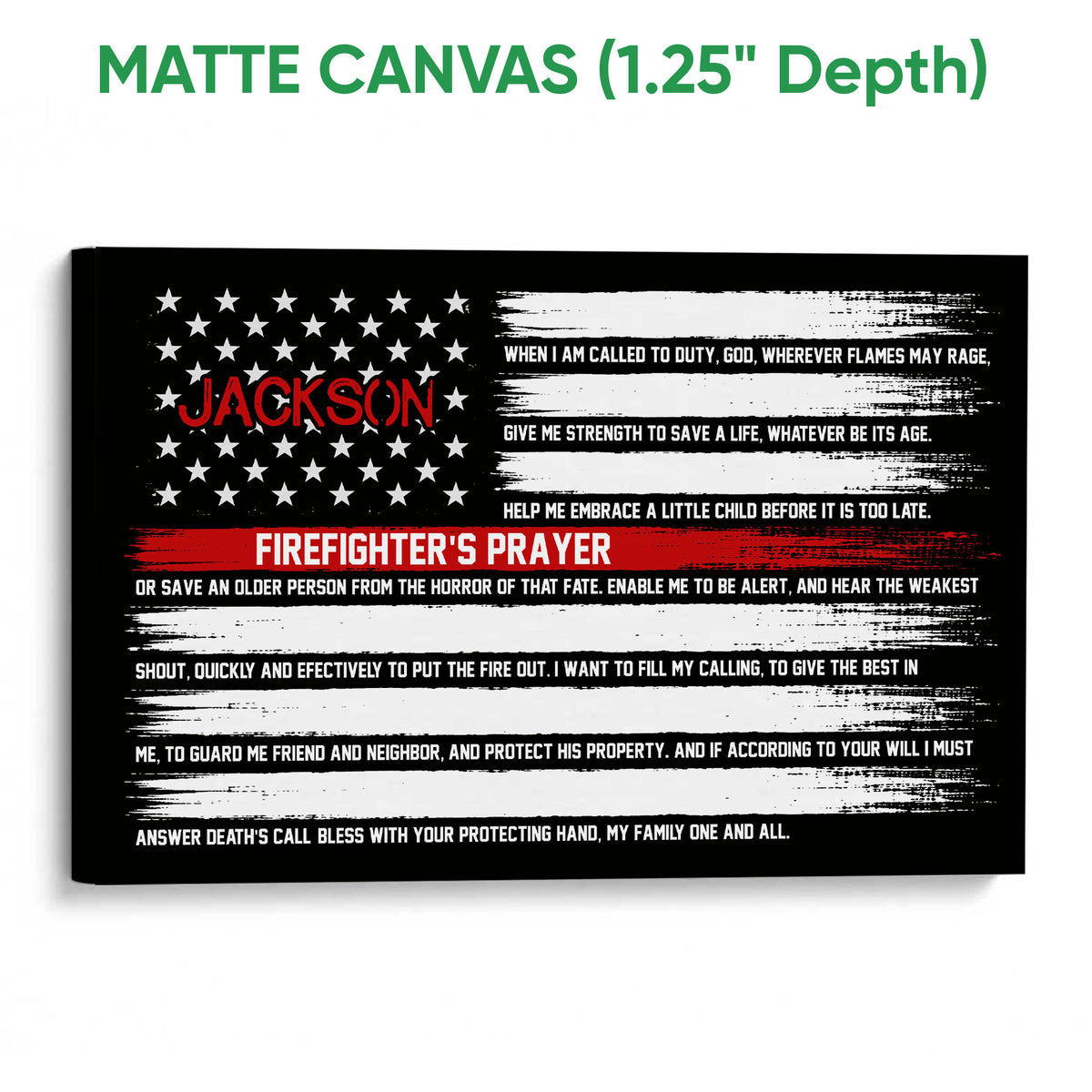 Matte canvas firefighter prayer wall art with distressed American flag-inspired artwork