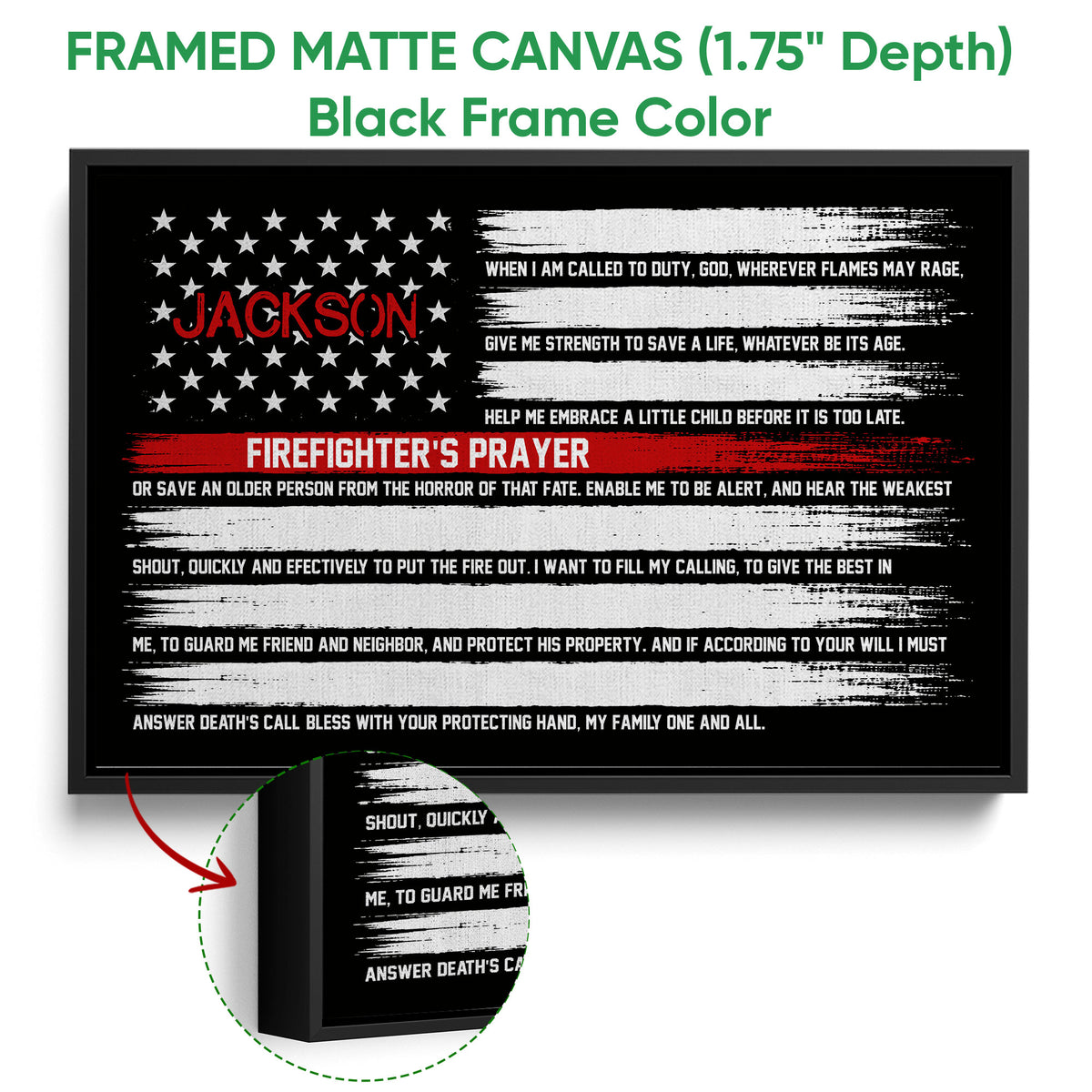 Firefighter prayer wall art shown in a black framed canvas with bold red, white, and black design