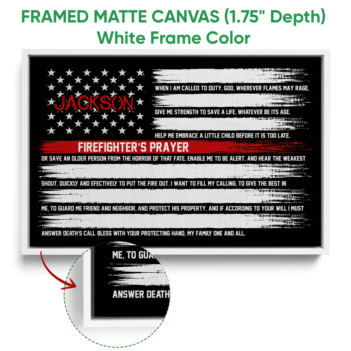 Firefighter prayer wall art shown in a white framed canvas with distressed flag-inspired artwork