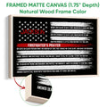 Firefighter prayer wall art shown in a natural wood framed canvas with red, white, and black design