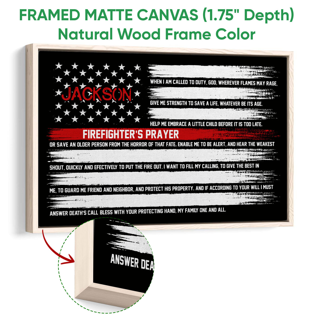 Firefighter prayer wall art shown in a natural wood framed canvas with red, white, and black design