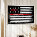 Framed firefighter prayer wall art displayed on a light wood-paneled wall in a home setting